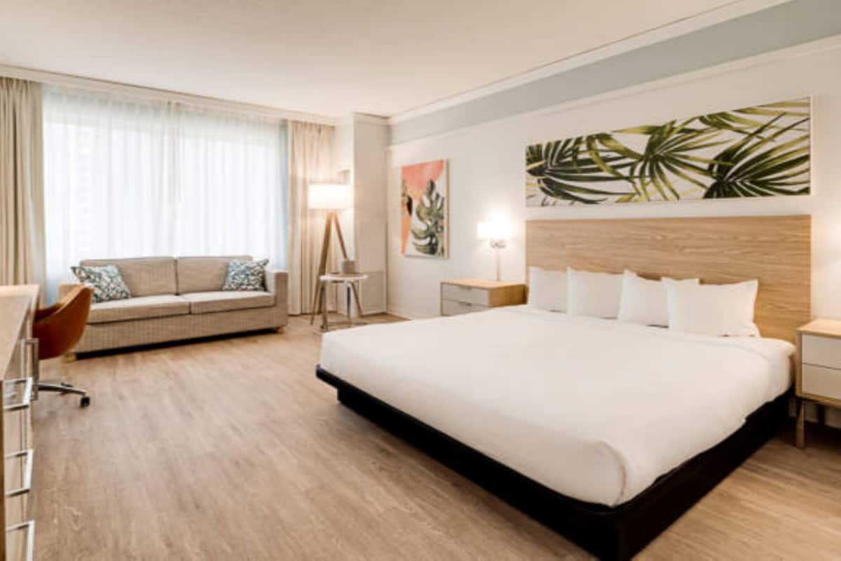 A hotel room with a large bed, a sofa, a desk, and a chair.