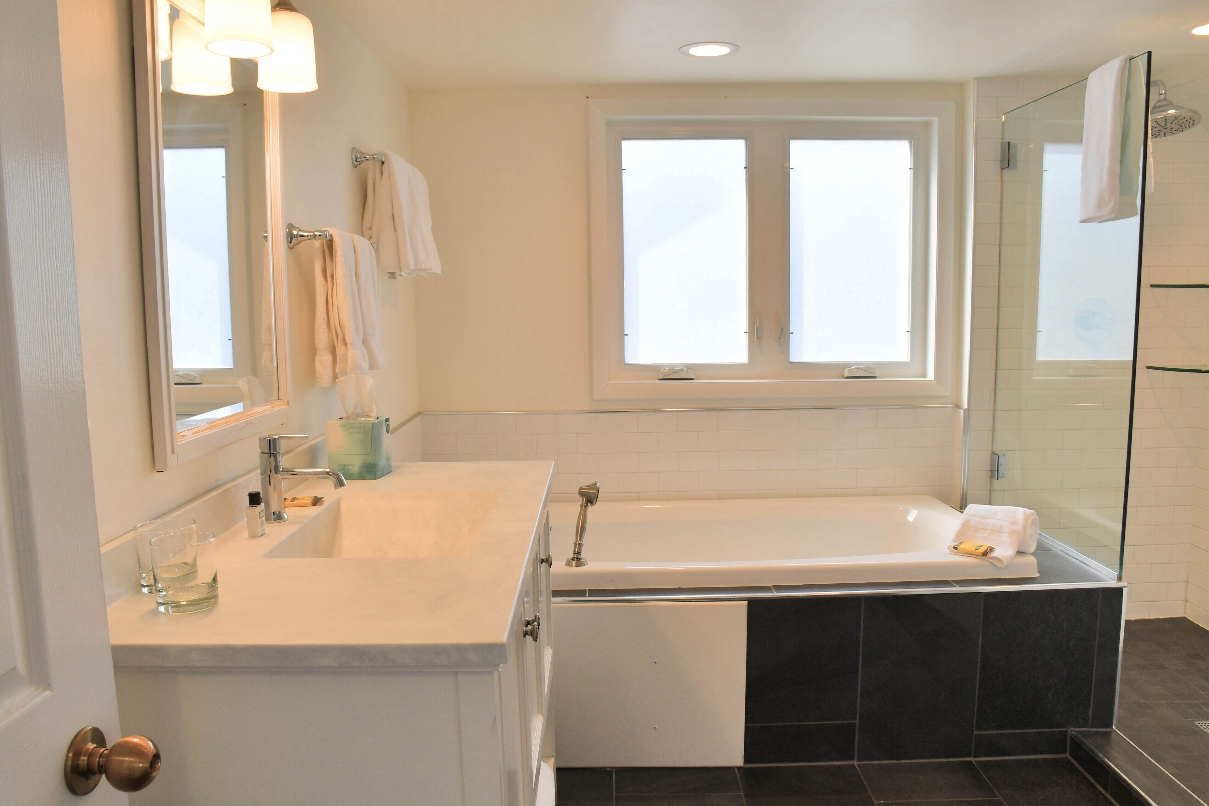 junior suite | bathroom | hair dryer, towels, soap, shampoo