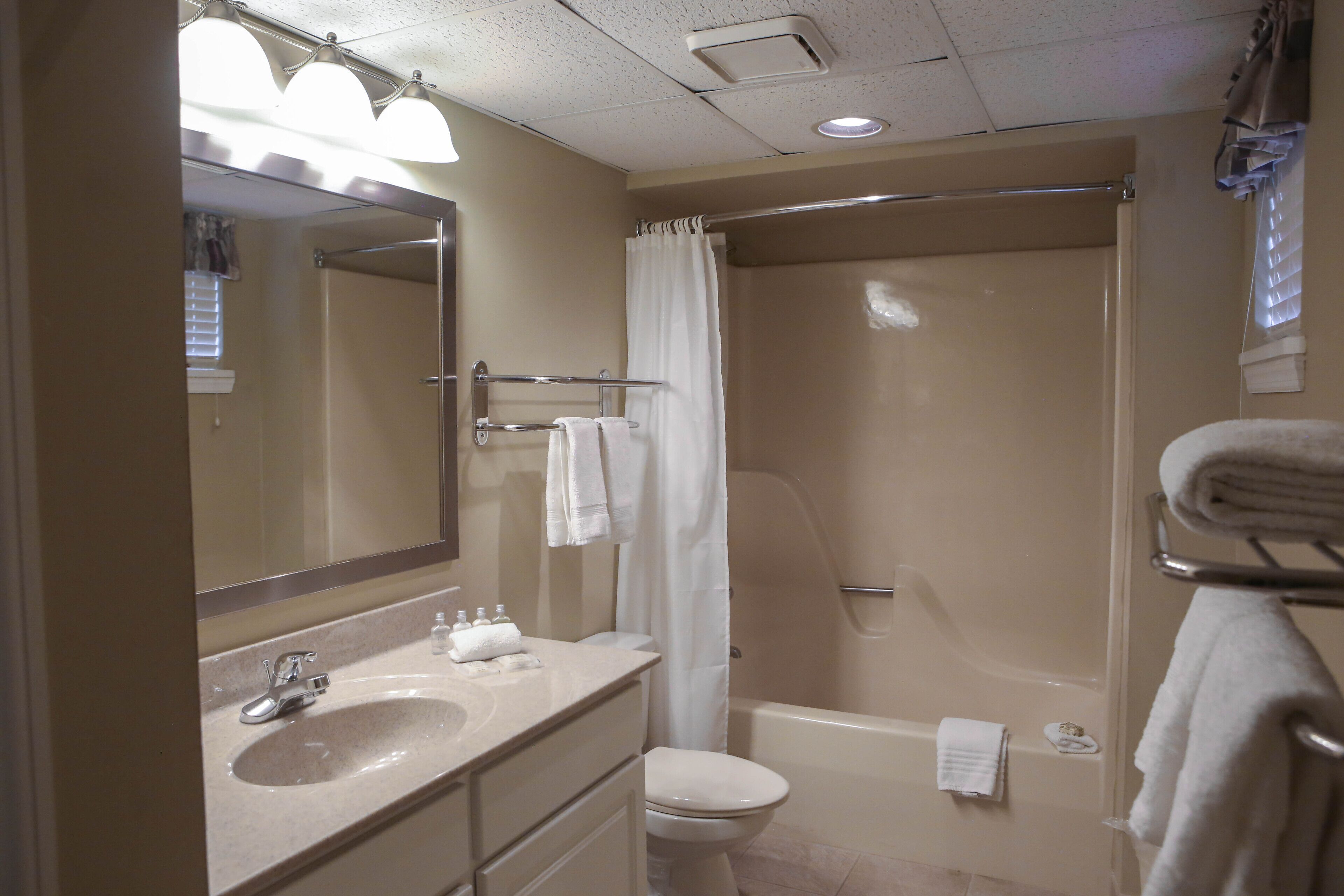 Une salle de bain avec un lavabo, un miroir et une douche.