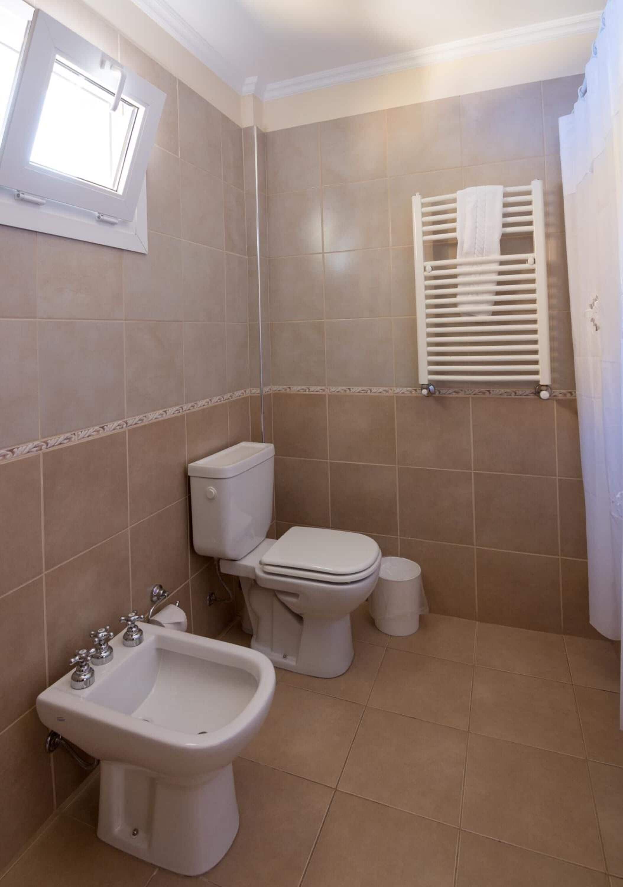 shower, hair dryer, bidet, towels