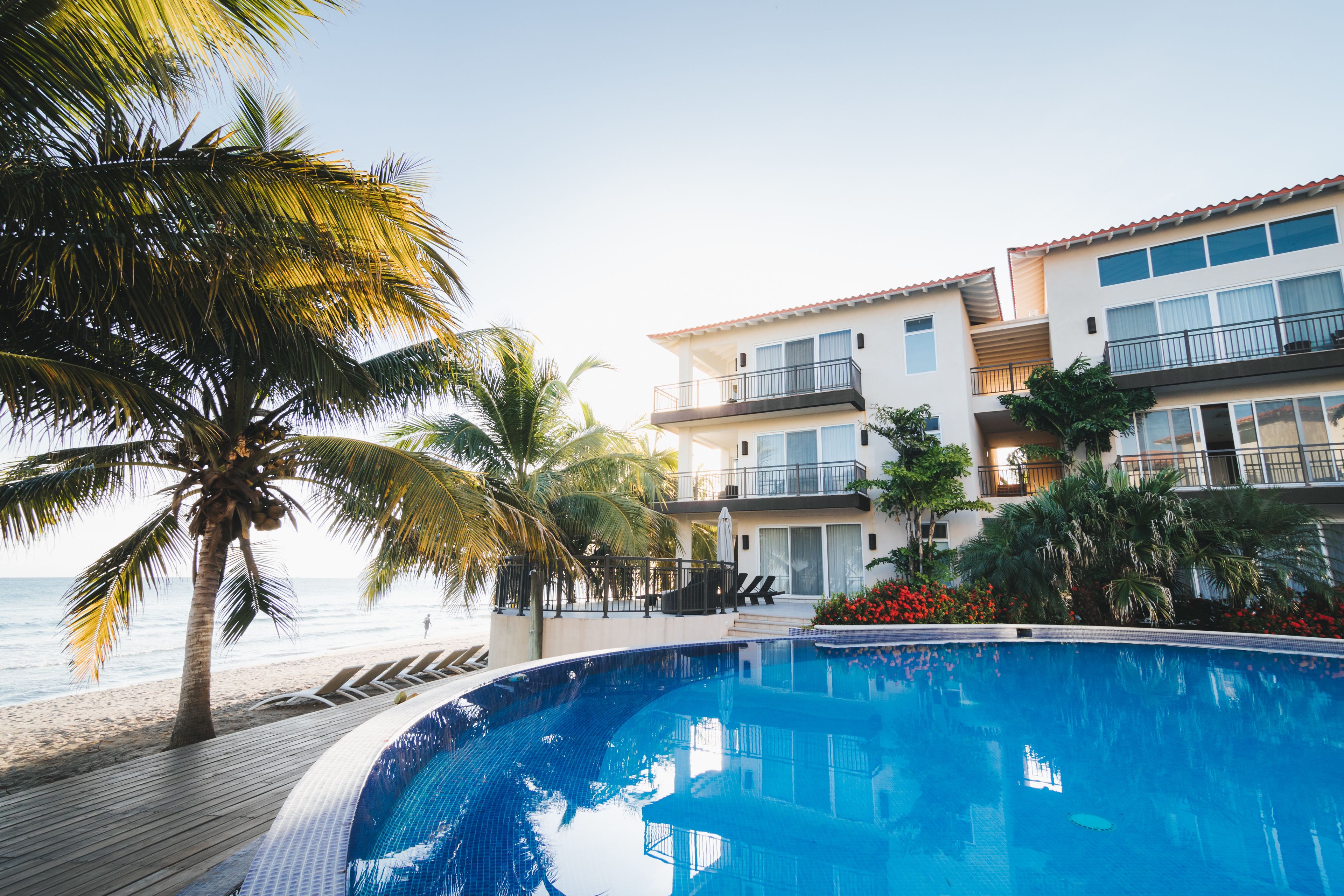 A swimming pool with a wooden deck, palm trees, and a building with balconies and windows.