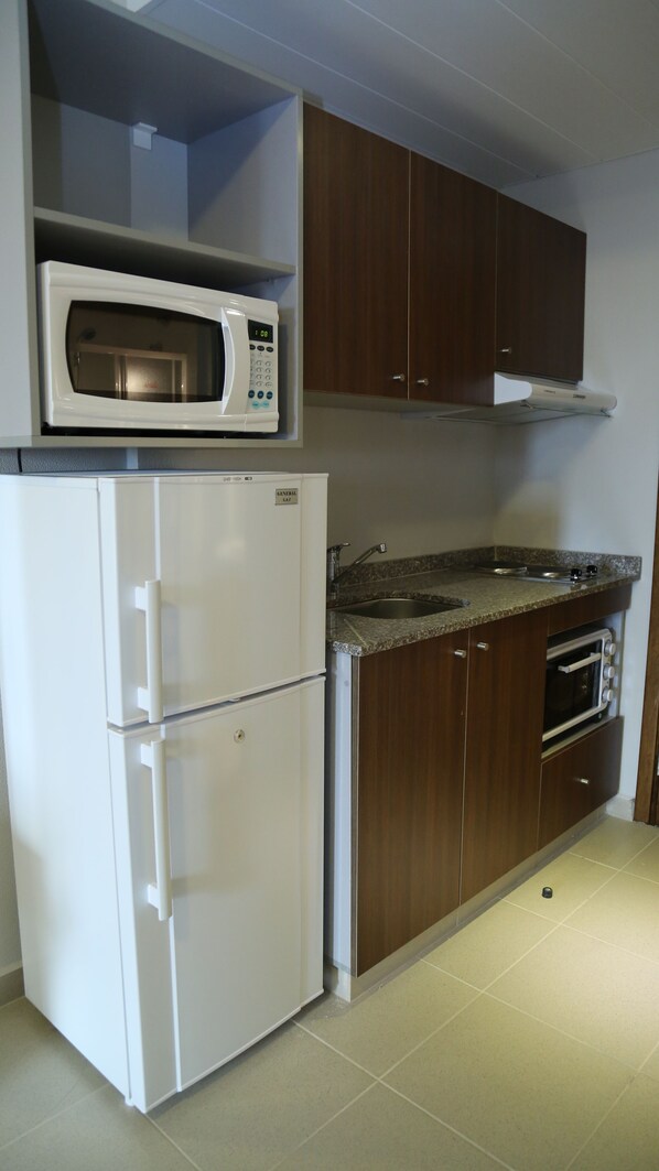 A compact kitchen with a white refrigerator, a microwave, a sink, and a built-in oven. - VU'Z Hotel Apt (Blat)