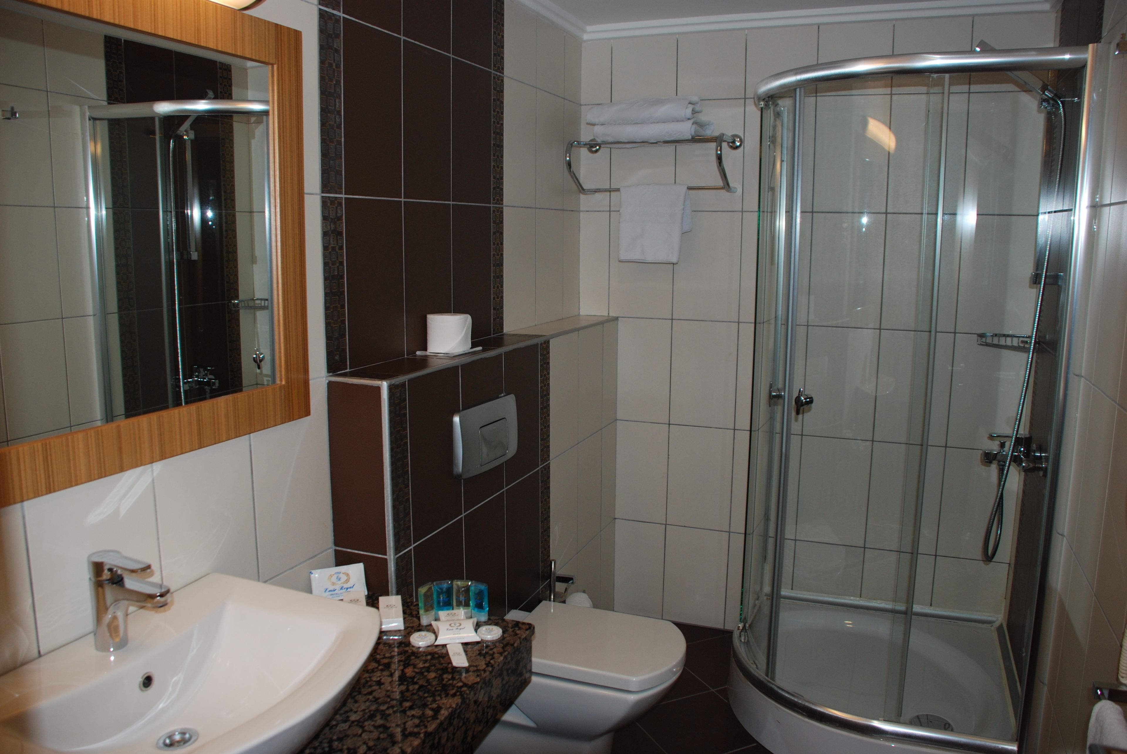 Une salle de bain équipée d’un lavabo, de toilettes et d’une douche à parois de verre.