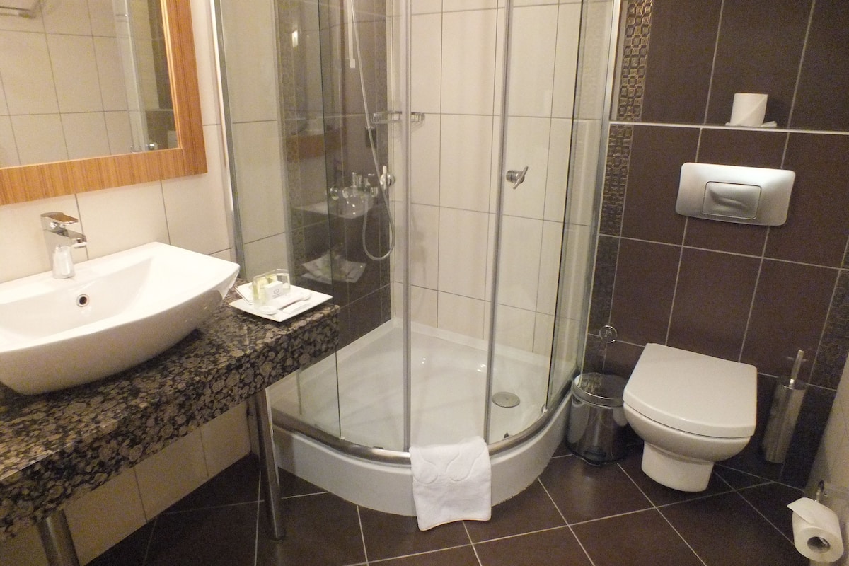 shower, free toiletries, hair dryer, bathrobes