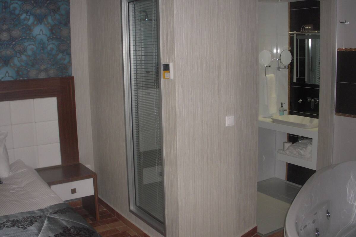 A hotel room with a bed, a bathroom with a sink and mirror, and a shower area.
