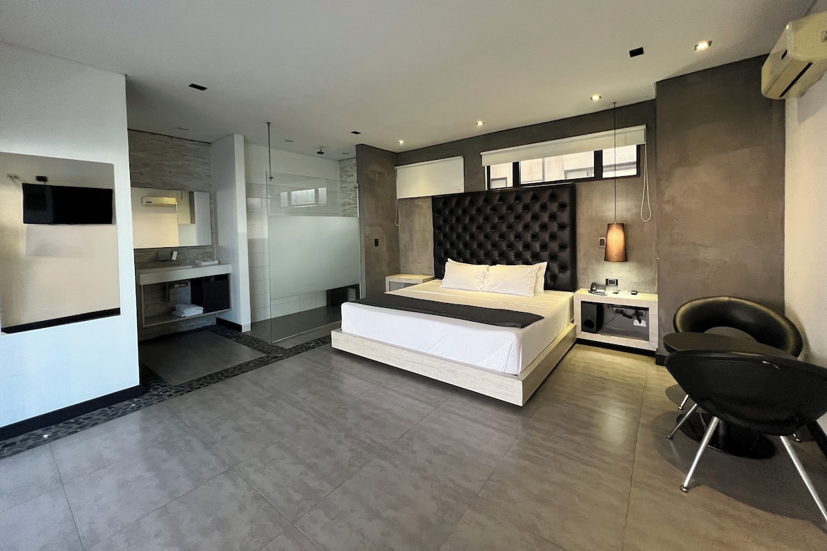 A modern bedroom with a large bed, a bedside table, a chair, and a walk-in closet.