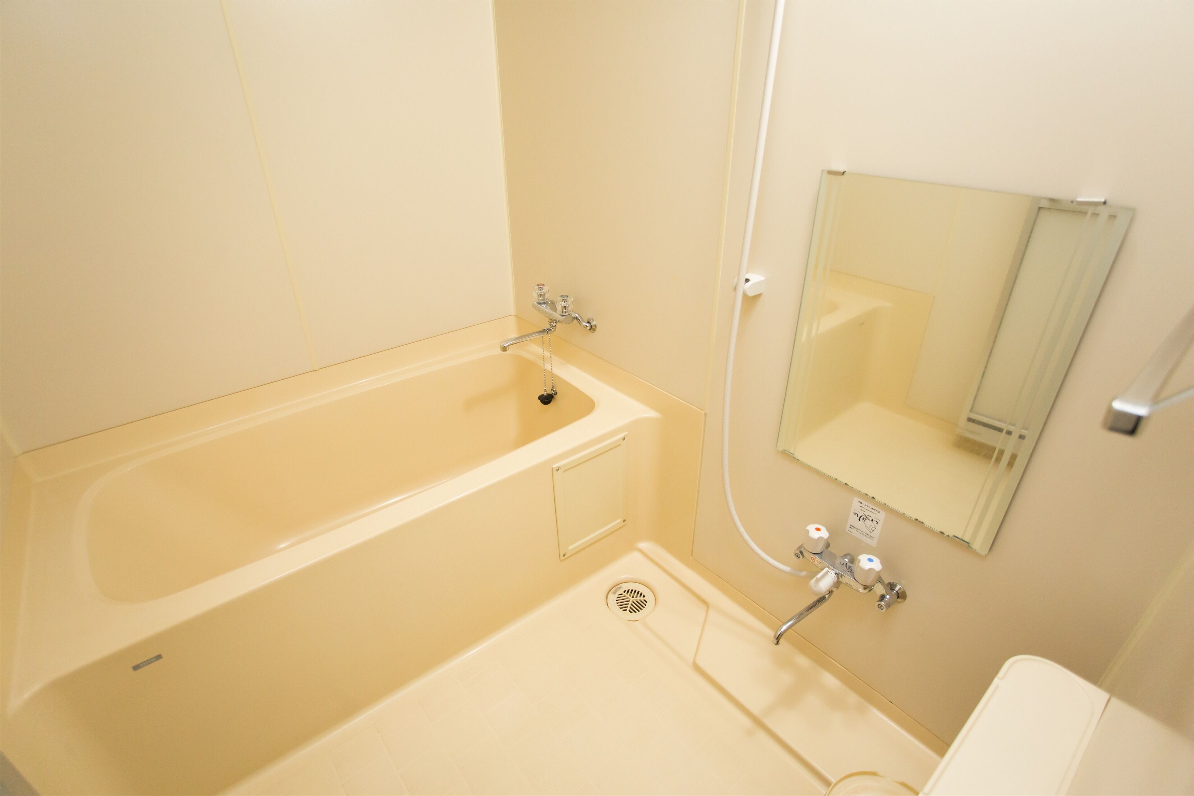 Une salle de bain avec une baignoire, des toilettes et un miroir.