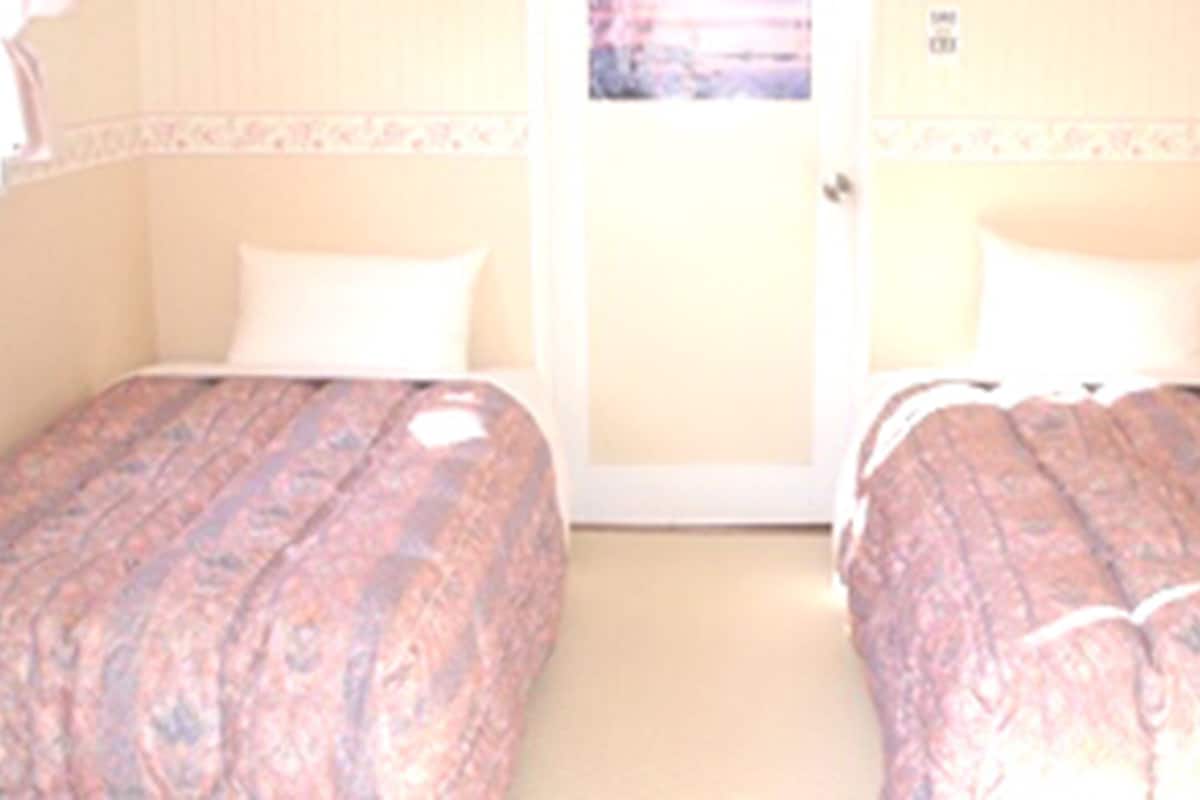 Ein Zimmer mit zwei Betten, jeweils mit einem gemusterten Überwurf und weißen Kissen.
