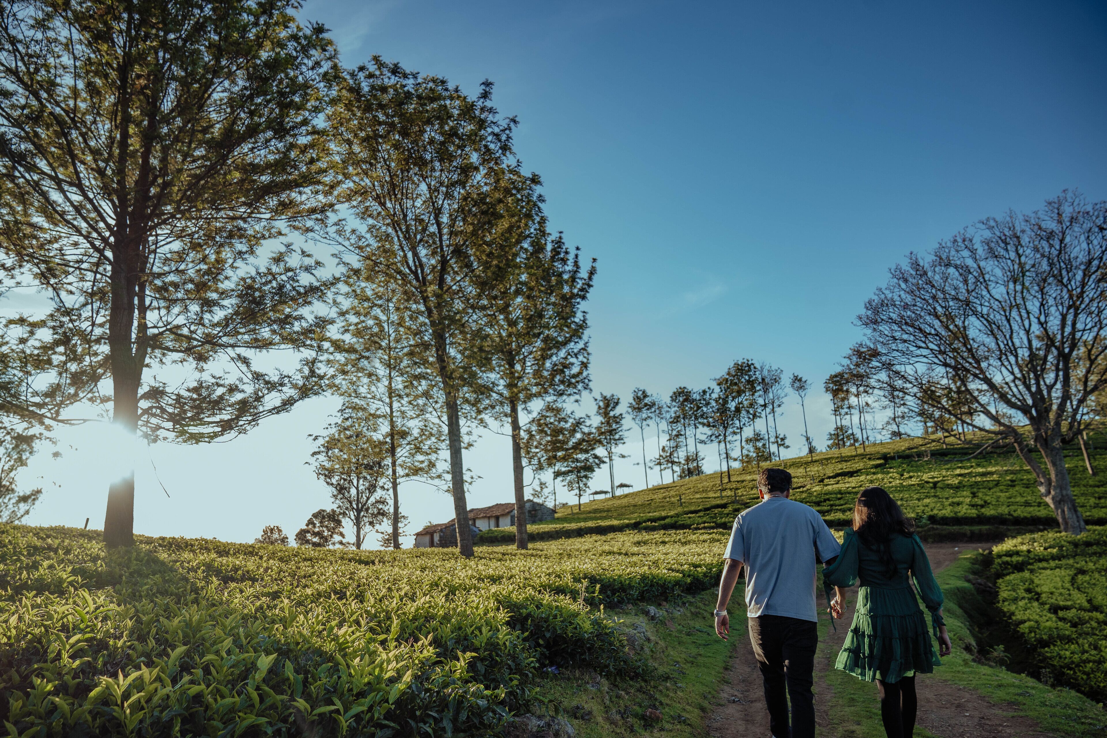 Una pareja camina por un sendero en un paisaje verde con árboles y un edificio al fondo.