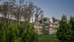 A large, two-story house with a stone foundation, surrounded by dense forest and a well-maintained lawn.