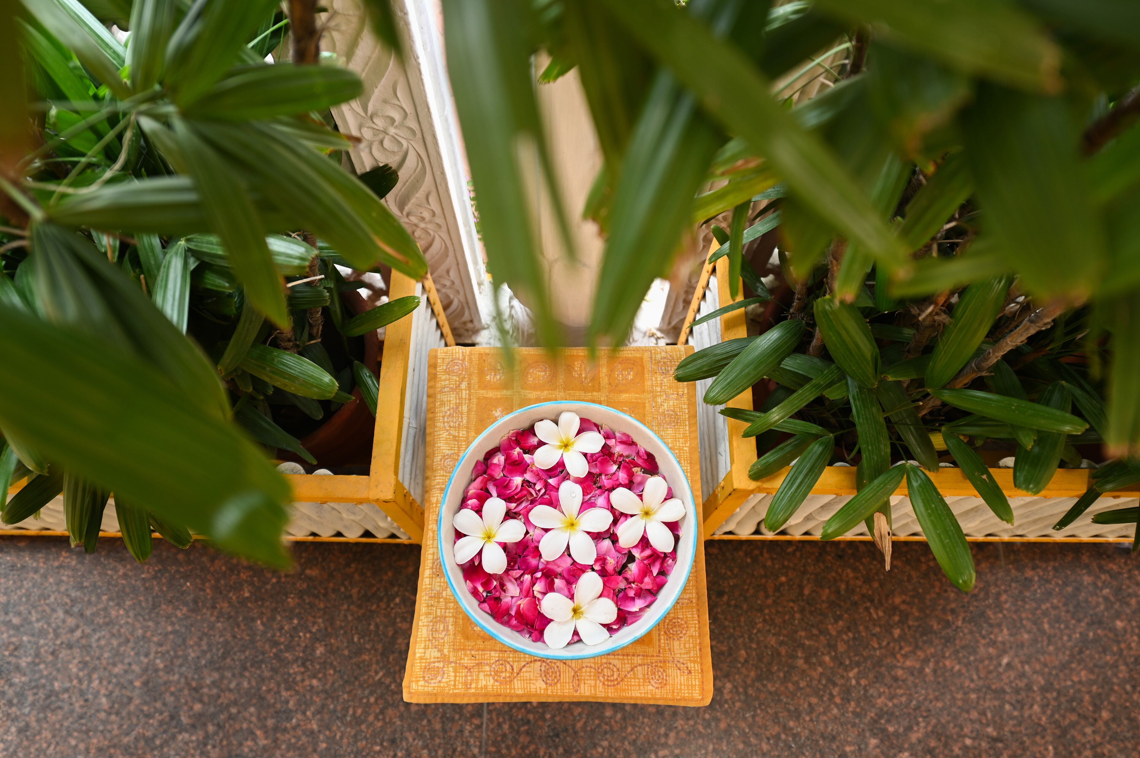 A bowl of white and pink flowers on a wooden tray.