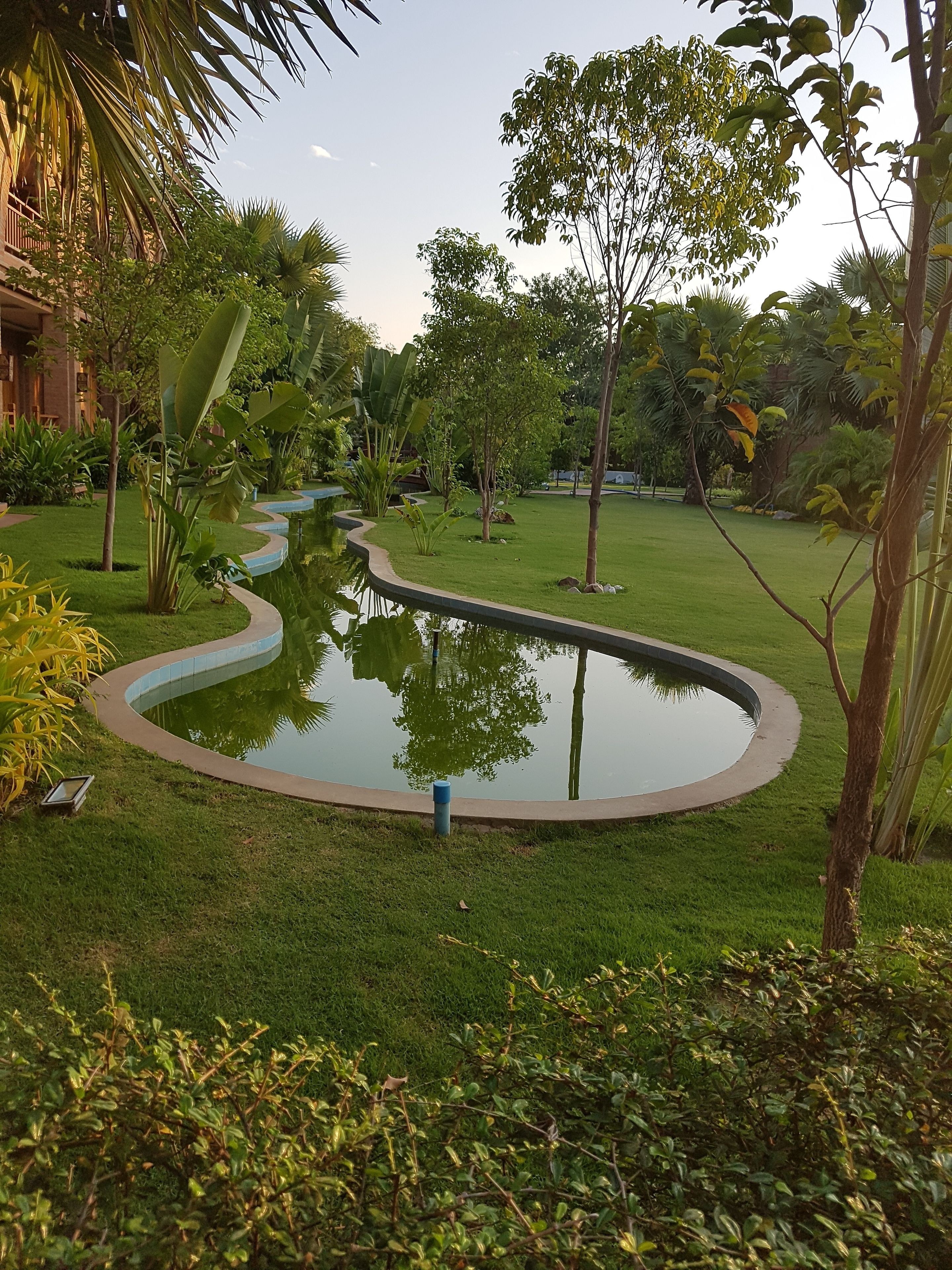 A landscaped garden with a curved water feature, surrounded by well-maintained grass and various trees.