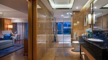 Un baño de hotel moderno con ducha de vidrio, un espejo grande y un lavabo de mármol negro.