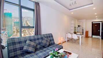 Economy Apartment, 1 Bedroom, City View | Living area | TV, fireplace, DVD player, pay movies