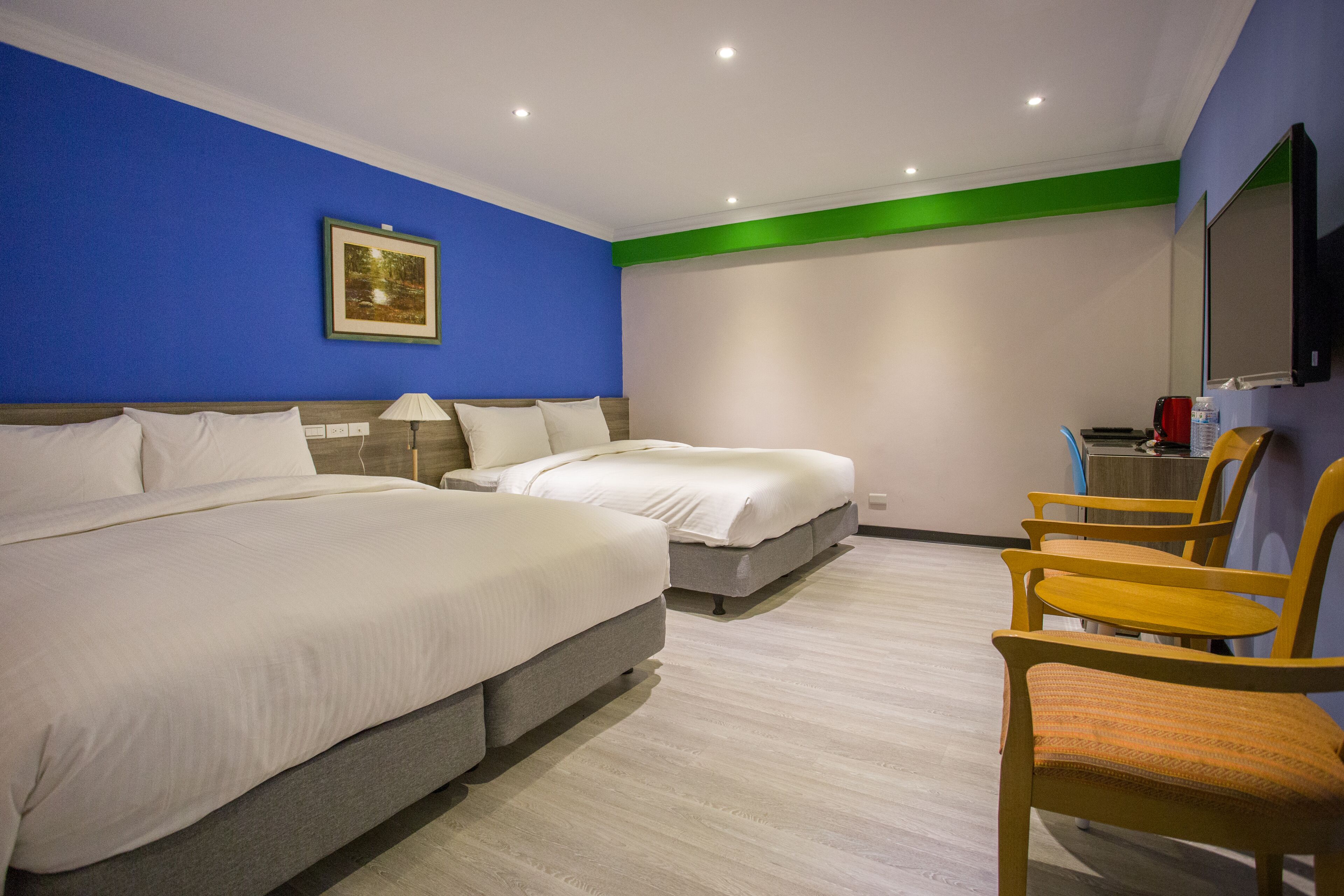 family room | down duvets, desk, soundproofing, iron/ironing board