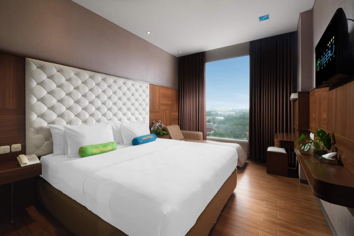A hotel room with a large bed, a TV, a desk, and a view of the city.