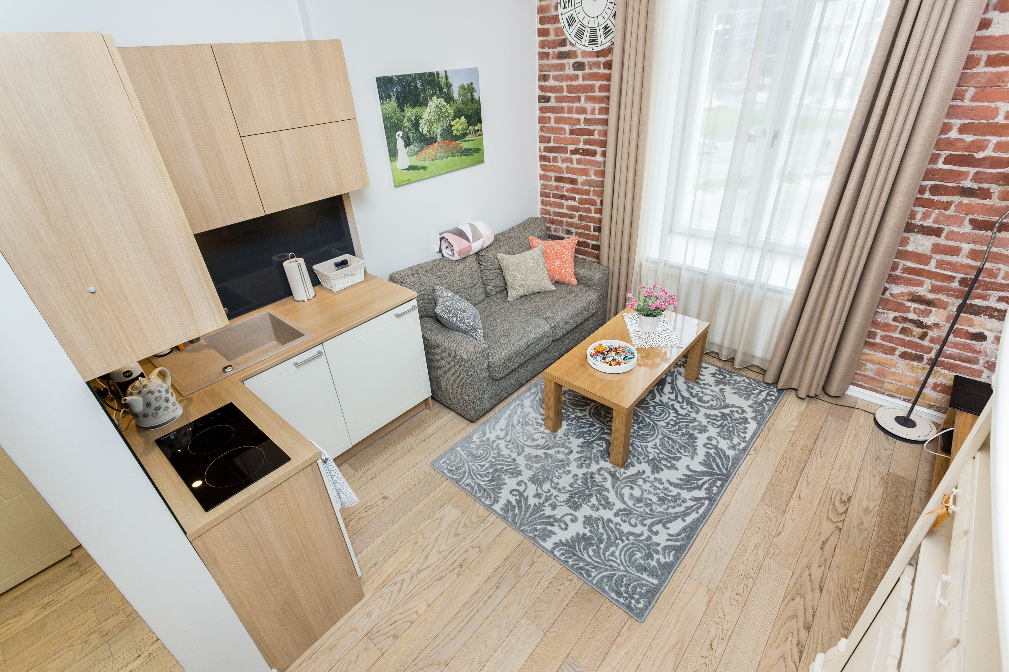 A compact living space with a kitchenette, a grey sofa, a wooden coffee table, and a patterned rug.