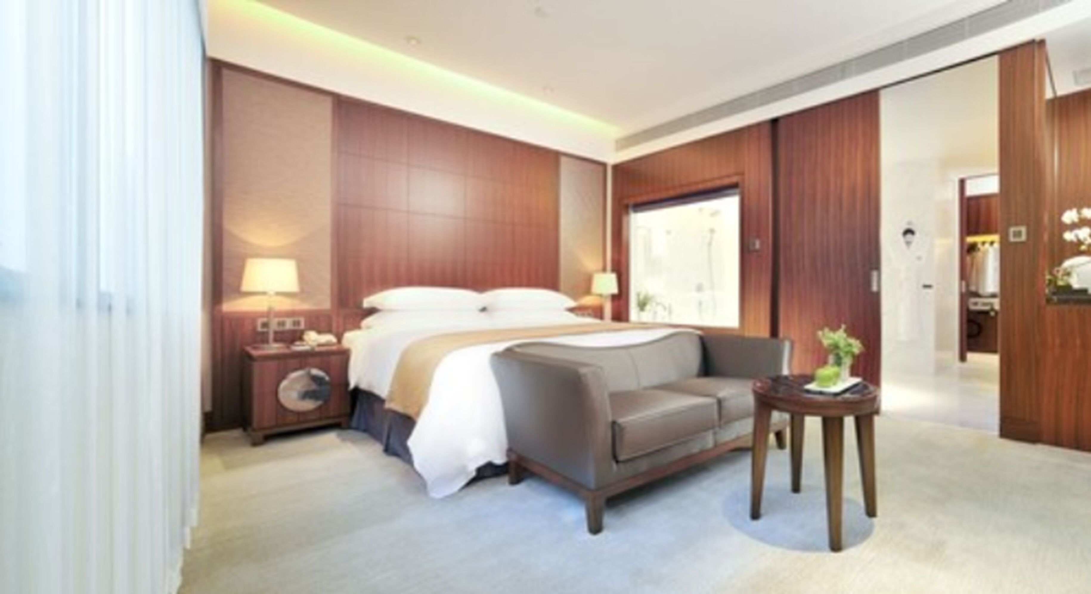 A hotel room with a bed, a sofa, a bedside table, and a small table with a plant.