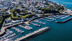 Vista aérea de una ciudad costera con un puerto deportivo lleno de barcos, rodeada de edificios residenciales y vegetación.