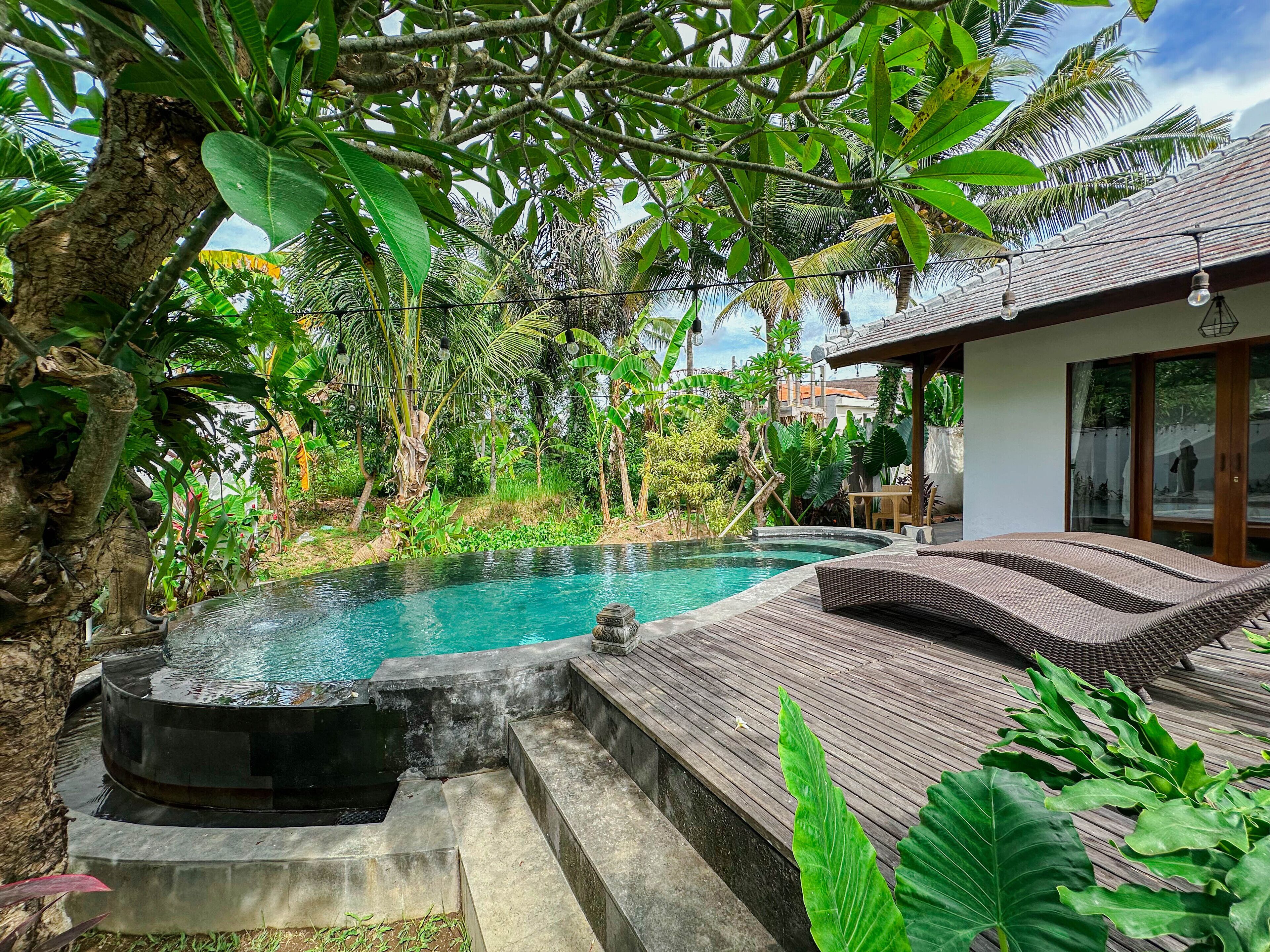 A private pool area with a wooden deck, surrounded by lush tropical vegetation.