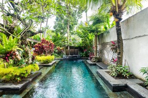 Una piscina al aire libre, tumbonas