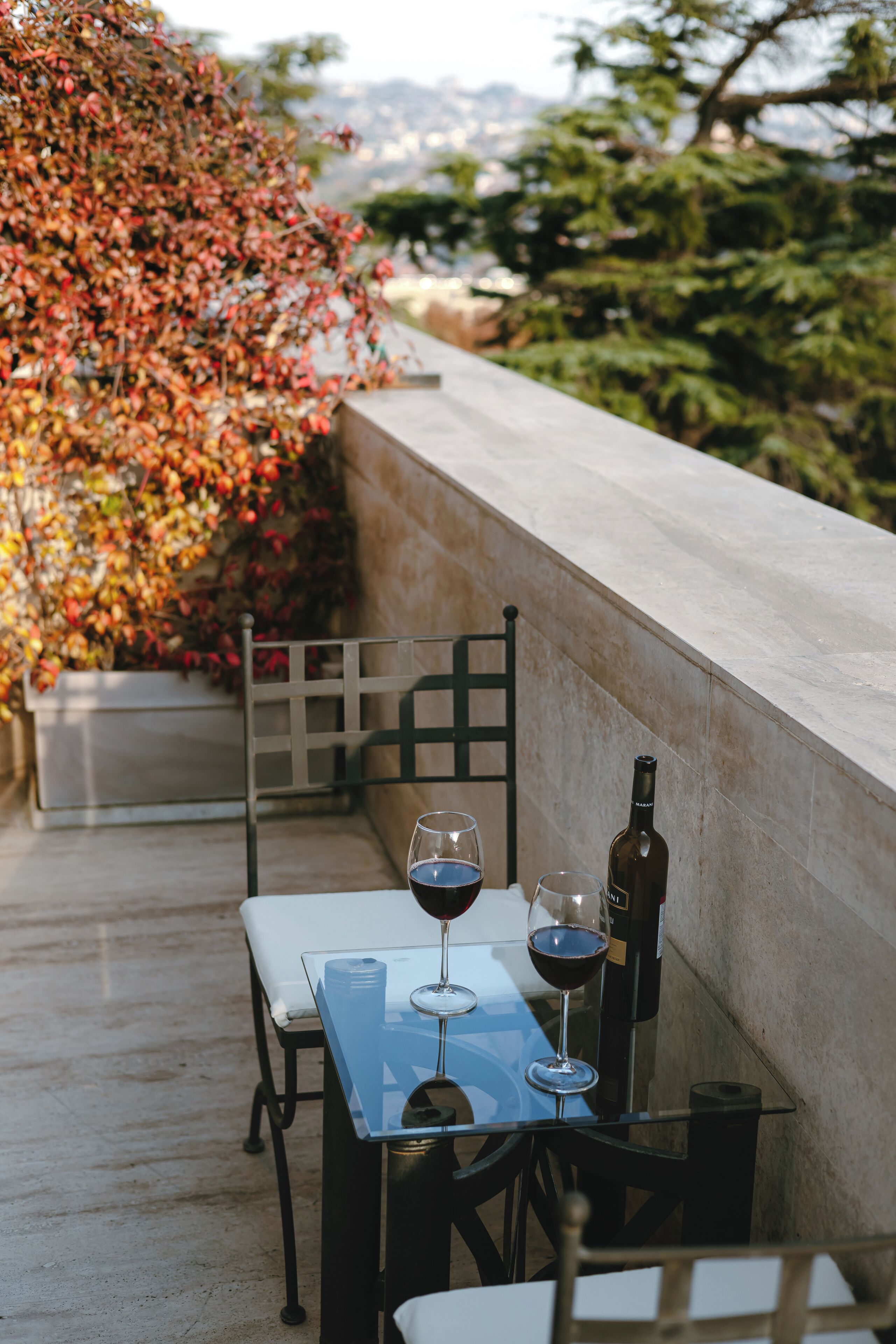 Una mesa con dos copas de vino y una botella en una terraza con vista a árboles y una ciudad.