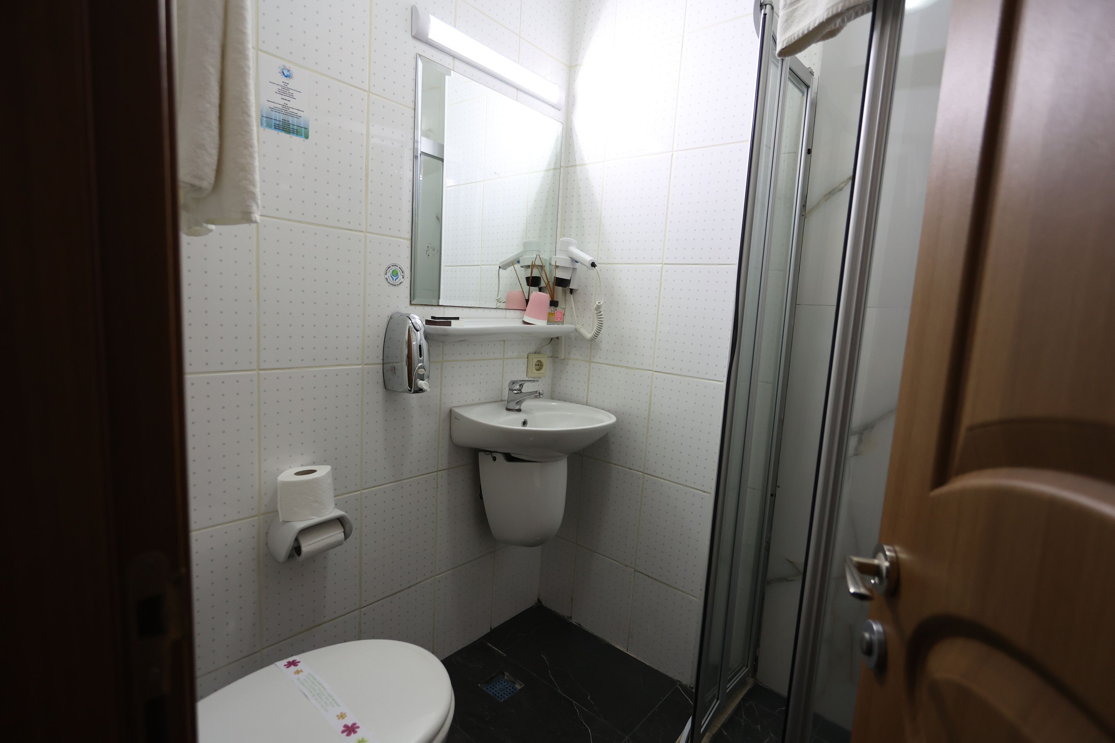 A small bathroom with a toilet, sink, and mirror.