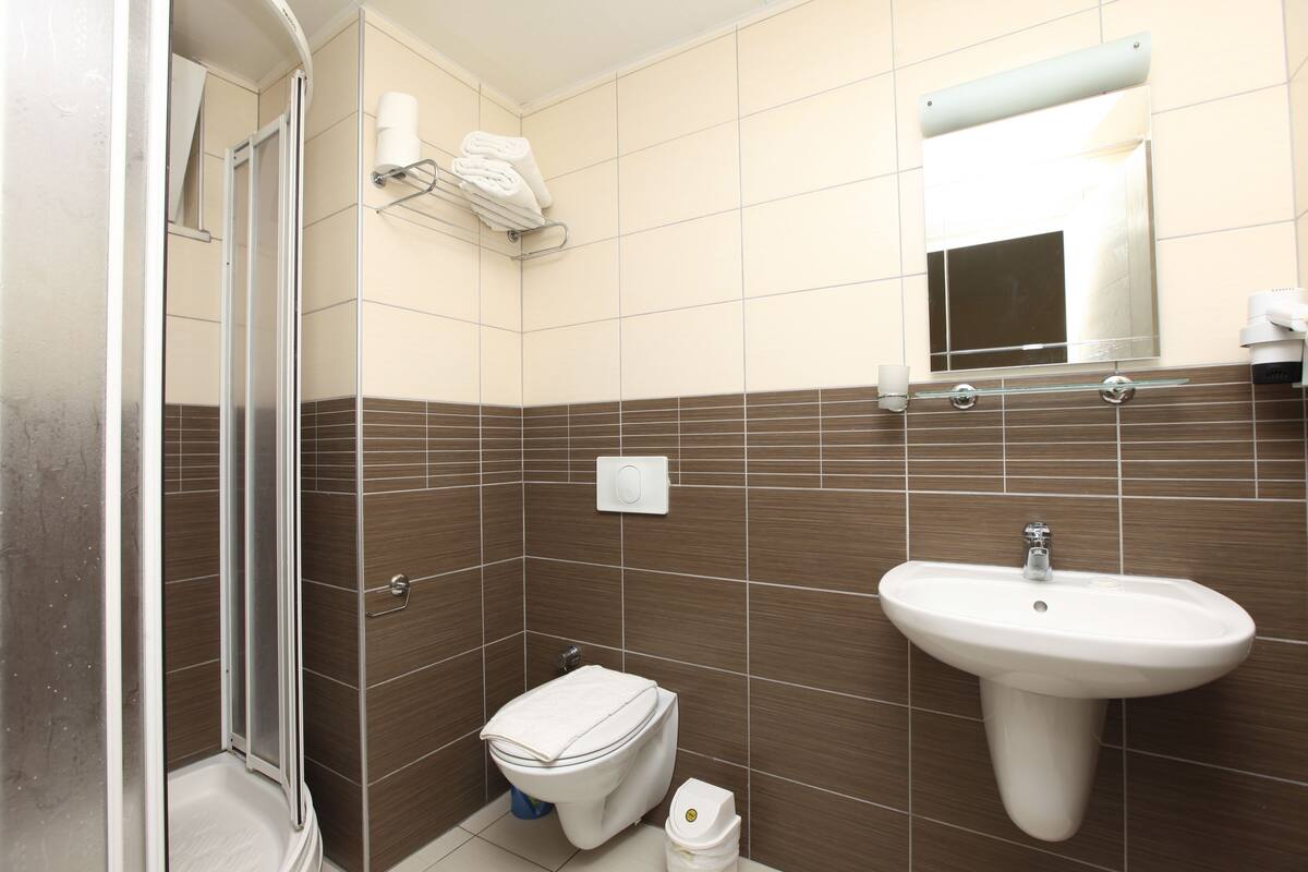 Un baño con ducha, inodoro, lavabo y espejo.