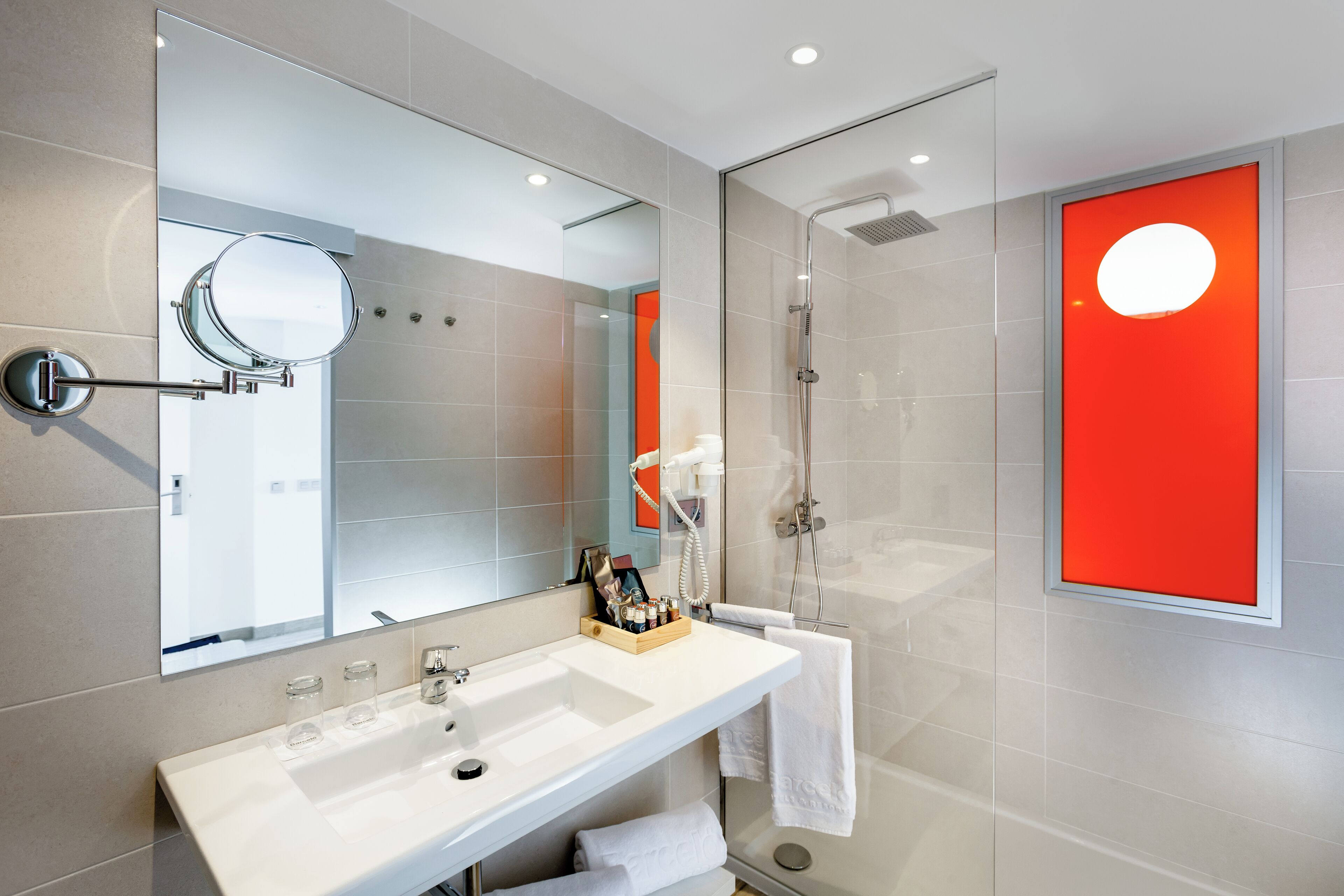 shower, rainfall showerhead, hair dryer, towels