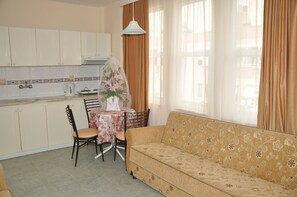 Family Apartment, 1 Bedroom | Private kitchenette | Fridge, stovetop, electric kettle, cookware/dishes/utensils