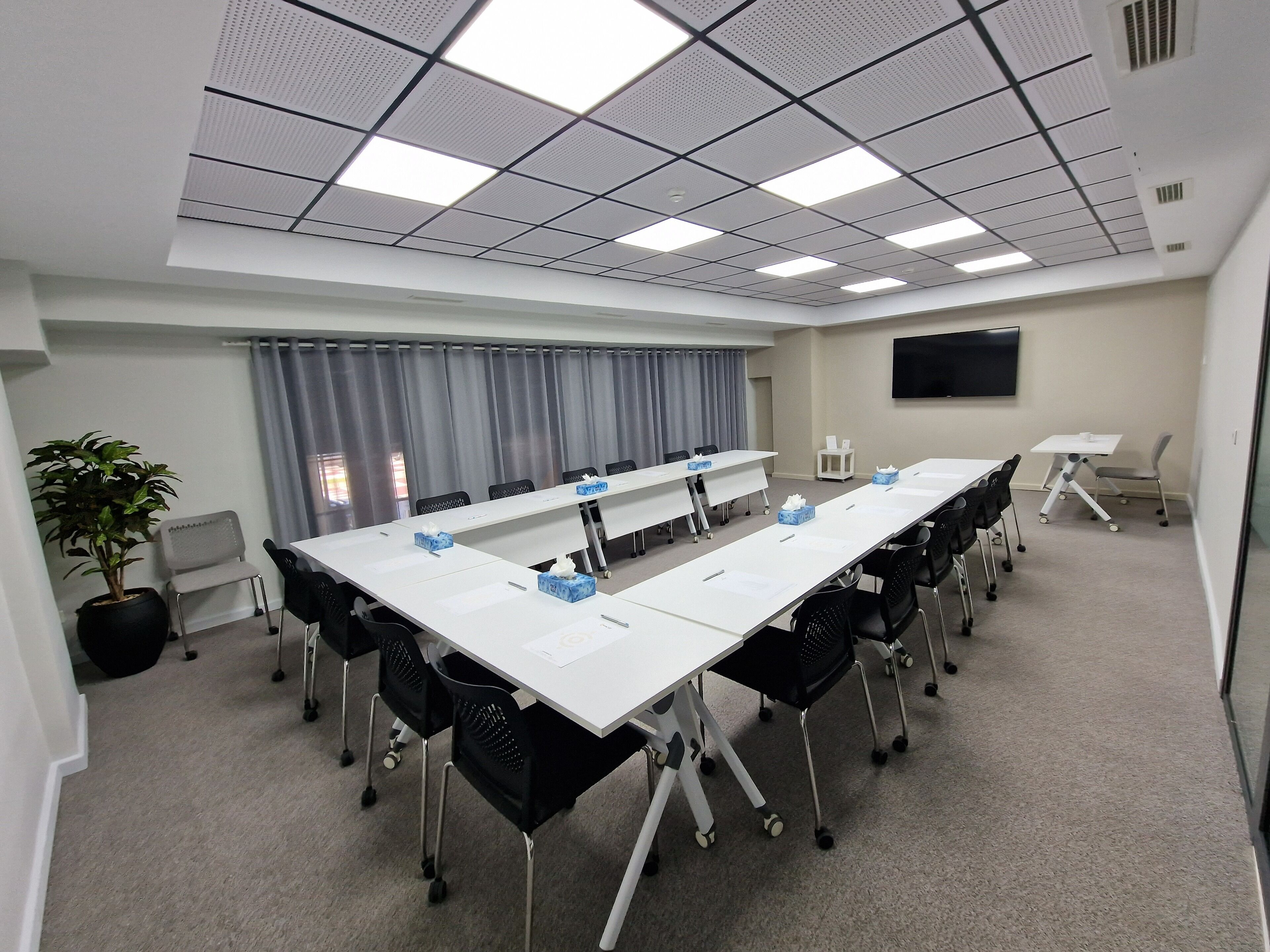 Une salle de conférence avec une longue table, des chaises, une plante en pot, un téléviseur et une fenêtre avec des rideaux.
