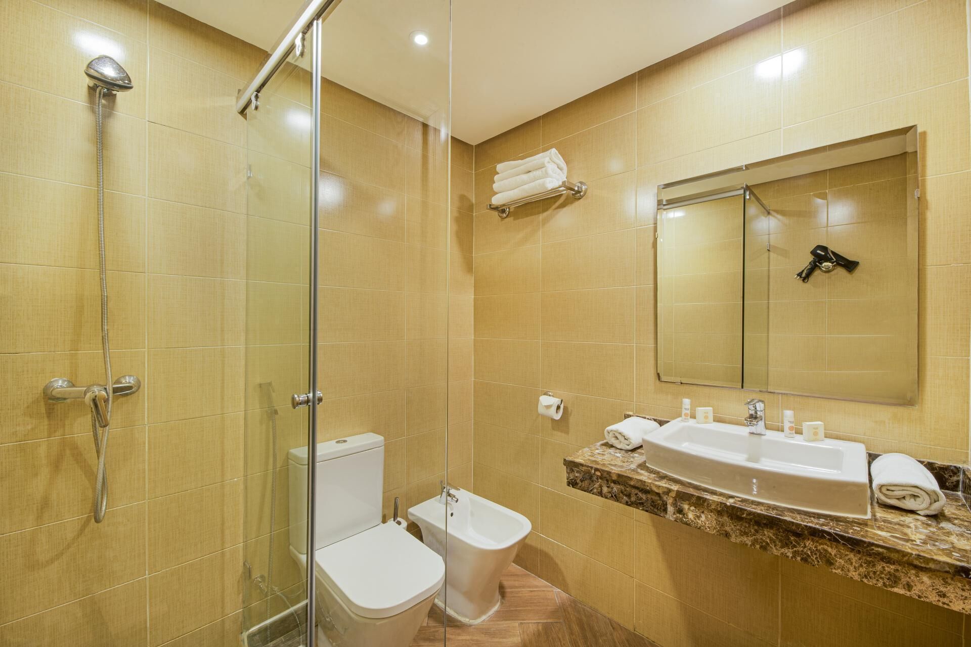 A modern bathroom with a glass-enclosed shower, a toilet, a bidet, and a vanity with a sink and mirror.