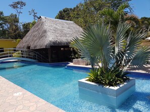 Outdoor pool, pool umbrellas, sun loungers