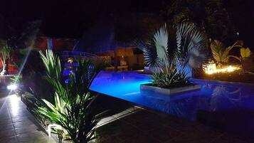 Outdoor pool, pool umbrellas, pool loungers