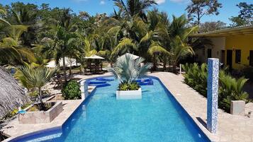 Outdoor pool, pool umbrellas, pool loungers
