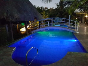 Outdoor pool, pool umbrellas, sun loungers