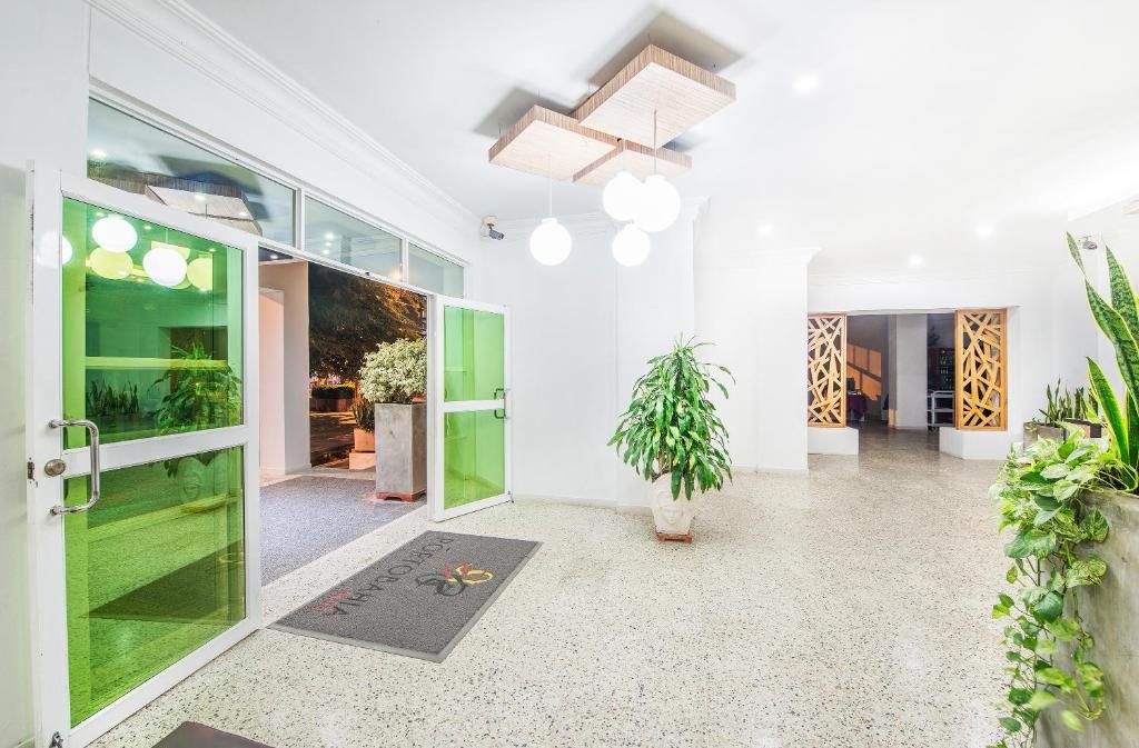 A modern interior with a glass door entrance, a central potted plant, and a ceiling light fixture.