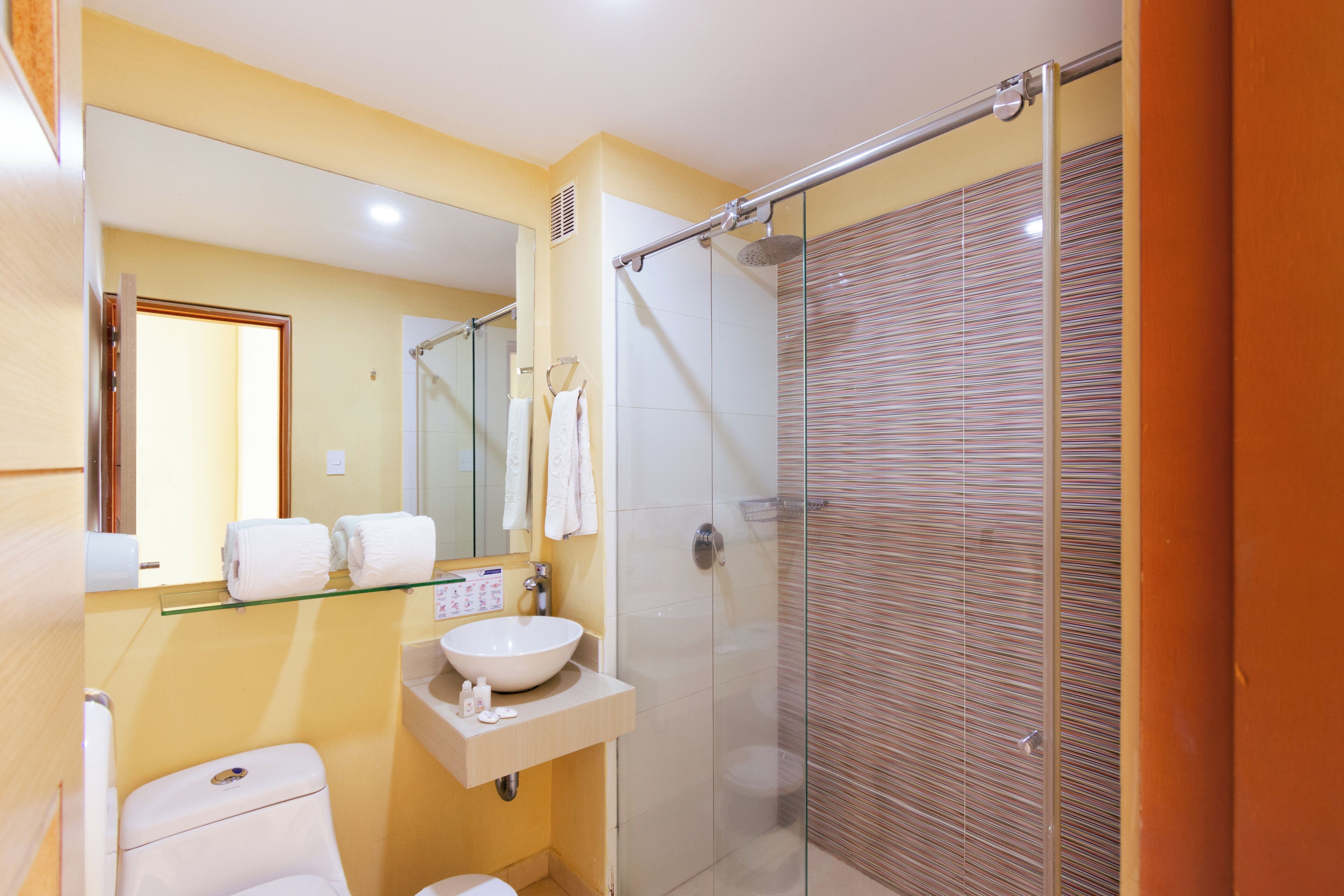 Une salle de bain moderne avec une douche à parois de verre, un lavabo blanc et un miroir au-dessus du lavabo.