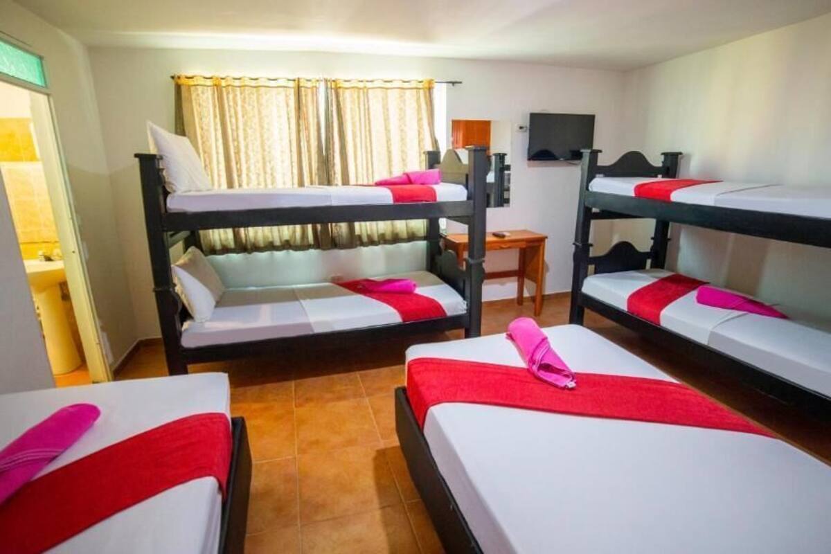 Una habitación con literas, una mesita, un televisor y una ventana con cortinas.