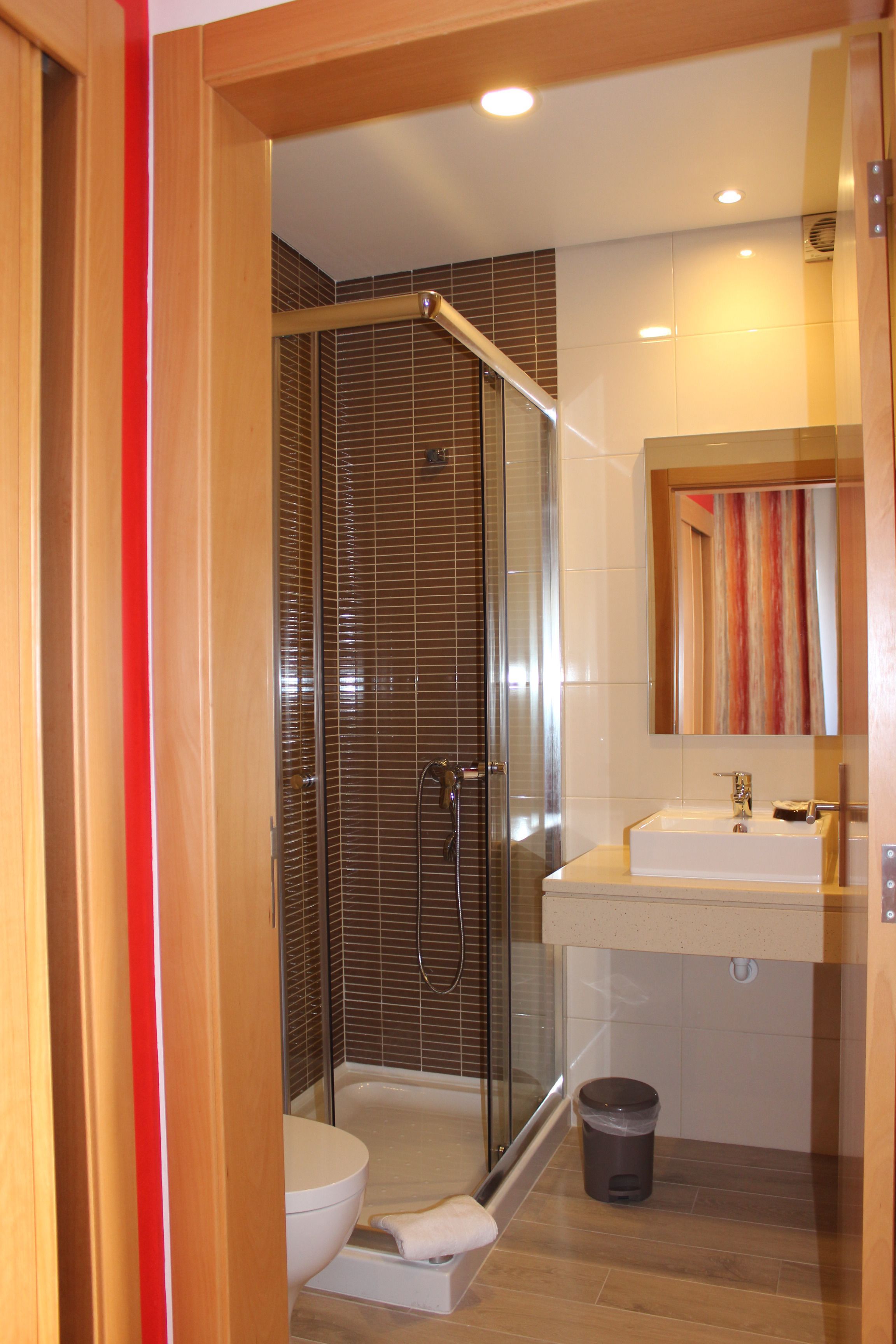 A modern bathroom with a glass-enclosed shower, a white toilet, and a sink with a mirror above it.