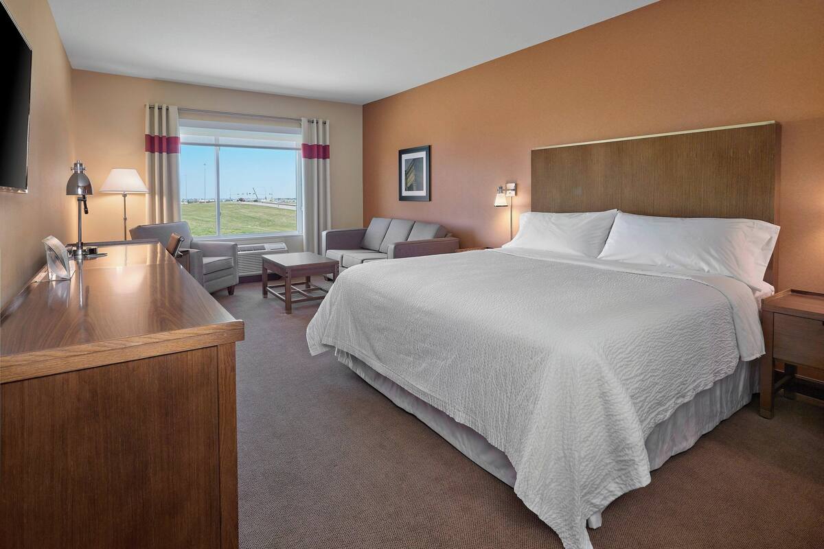 A hotel room with a large bed, a desk, a chair, a sofa, and a TV.