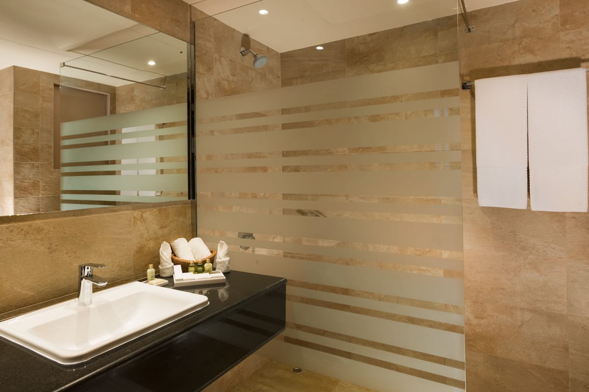 shower, hair dryer, bathrobes, slippers