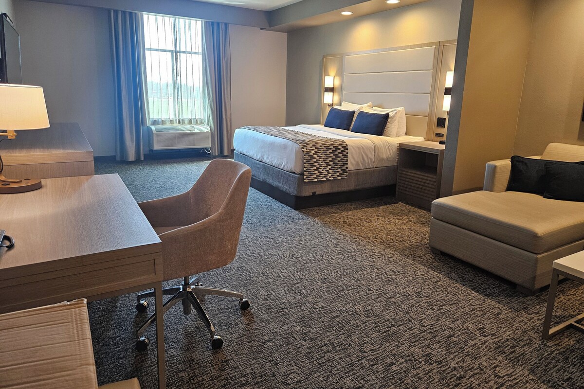 A hotel room with a bed, a desk, a chair, and a bedside table.