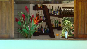A bar area with a wooden shelf displaying various liquor bottles, a decorative plant with red flowers, and a clear blue pool in the foreground. - Sueds Premium (Porto Seguro)