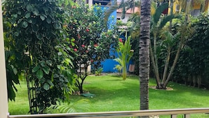 A view from a balcony with a wooden chair, a grassy garden, and a blue building in the background. - Sueds Premium (Porto Seguro)