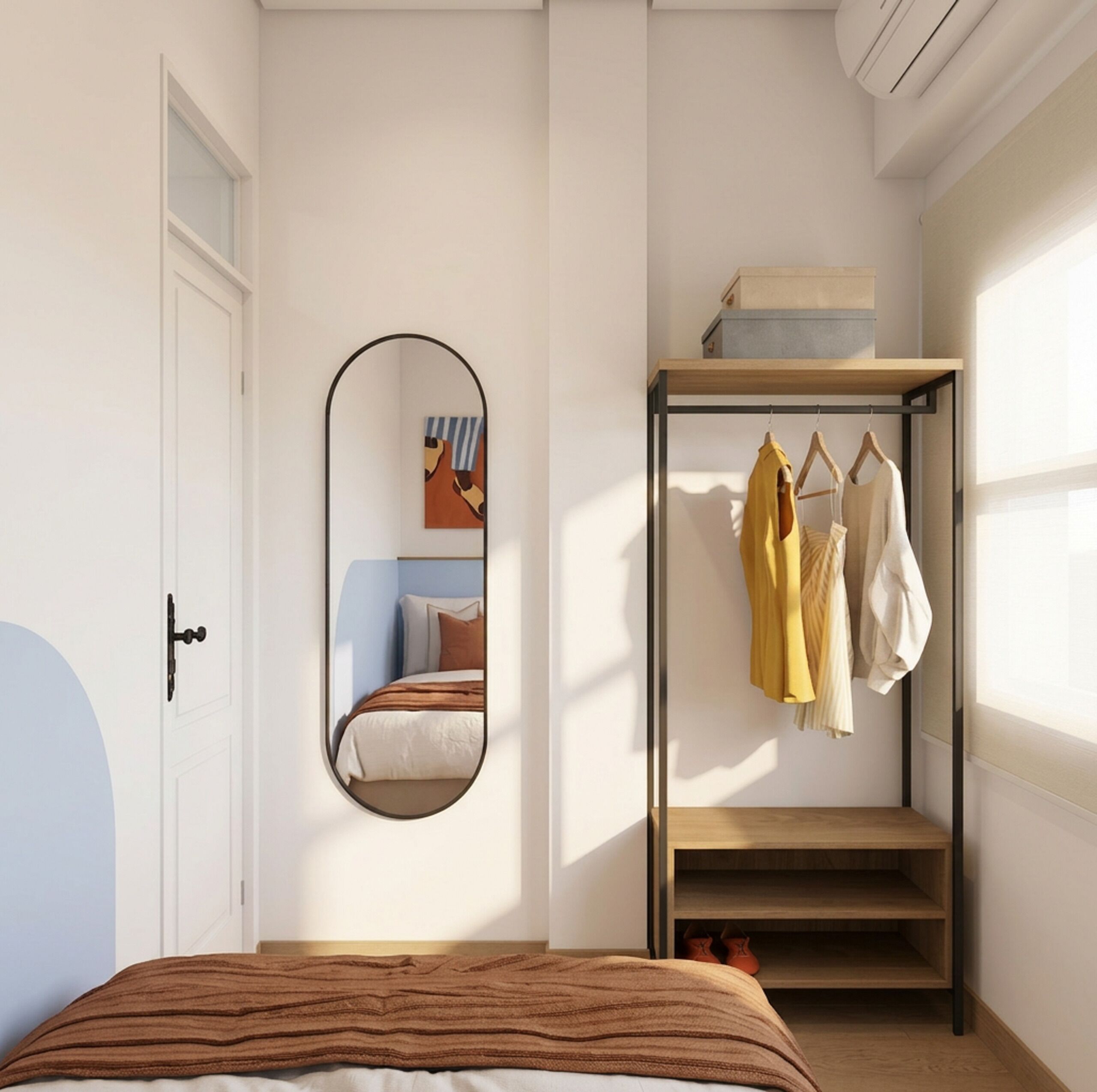 A bedroom with a bed, a wardrobe, a mirror, and a door.