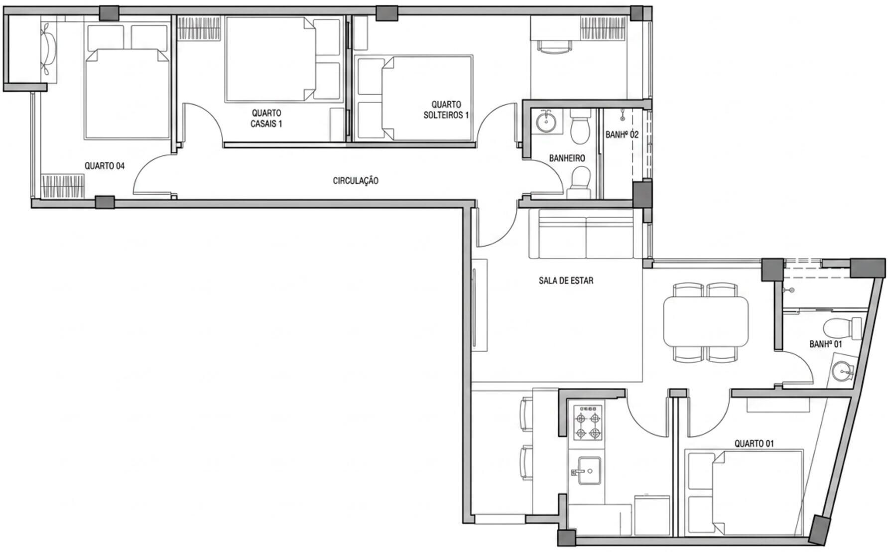 A floor plan with four bedrooms, a living room, a dining area, and a kitchen.
