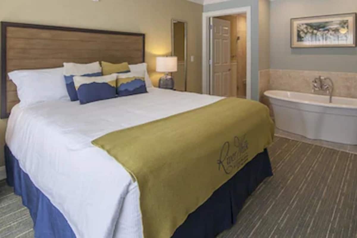 A hotel room with a large bed, a bedside table with a lamp, a bathroom with a bathtub, and a framed picture on the wall.
