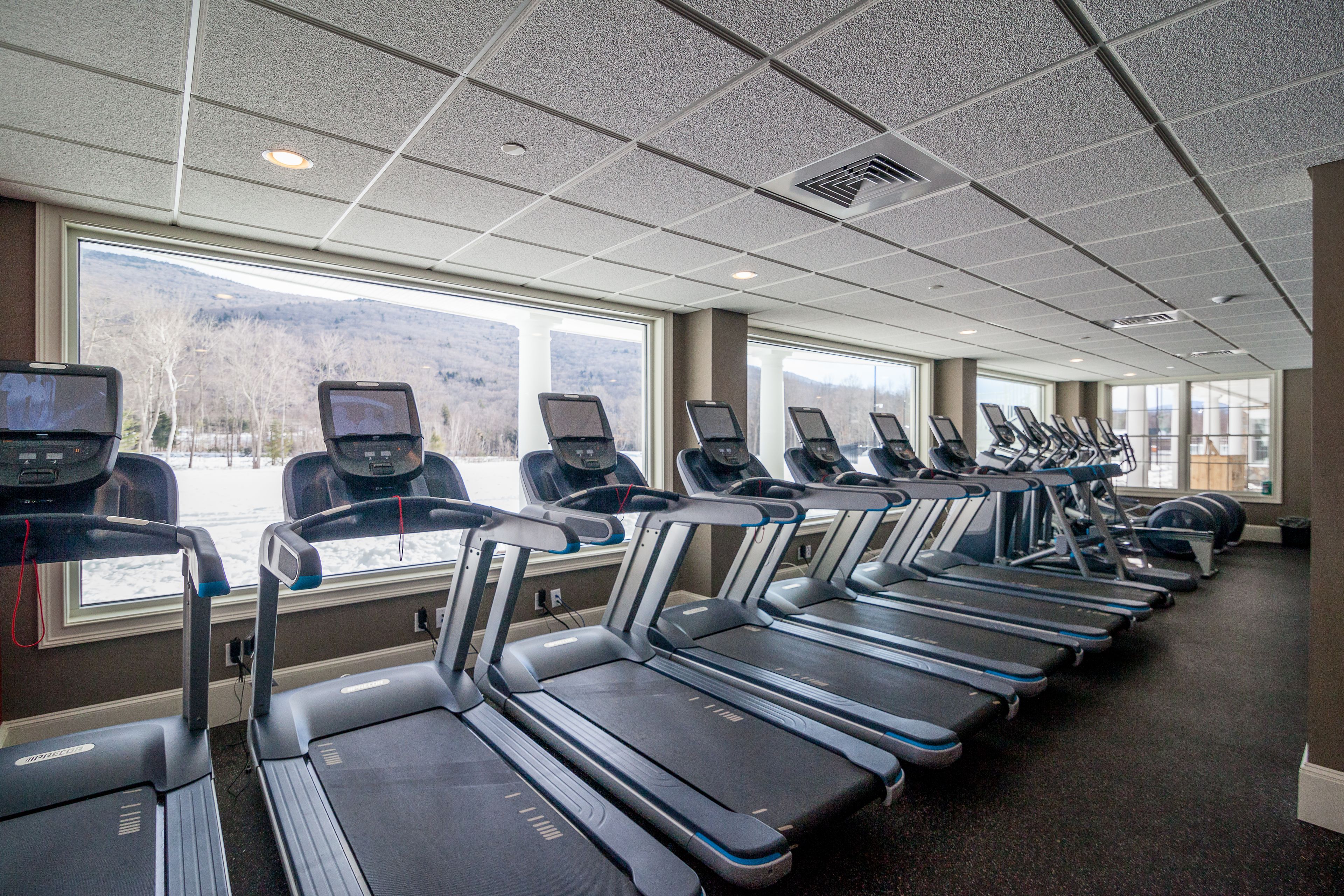 Varias cintas de correr en un gimnasio con ventanas amplias y vistas a montañas.