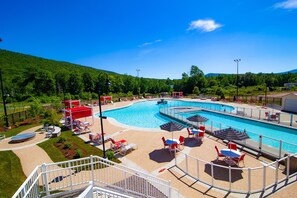 Indoor pool, outdoor pool, open 9 AM to 10 PM, pool loungers